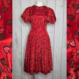 VTG 1950s Mode O’Day Flocked Leaf Heart Red Satin Fit & Flare Dress, sz Small